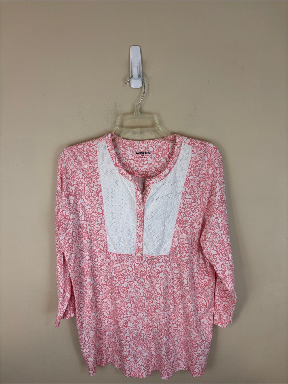 Lands’ End Pink Floral Jersey Peasant Top with Eyelet Insert Size XL